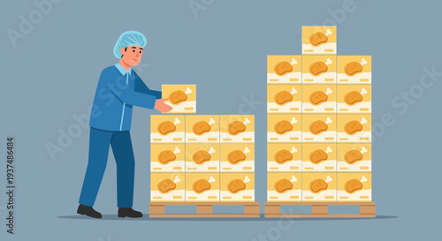 Food industry worker stacking boxes of fried chicken in a warehouse for distribution