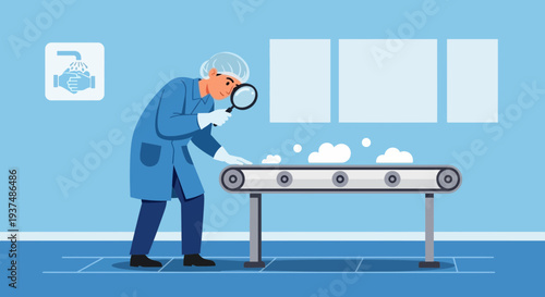 Scientist with magnifying glass inspects conveyor belt in a clean manufacturing environment