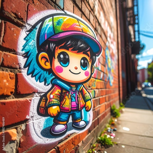 Wallpaper Mural Vibrant Graffiti Art of a Cute Boy Character on a Brick Wall. Torontodigital.ca