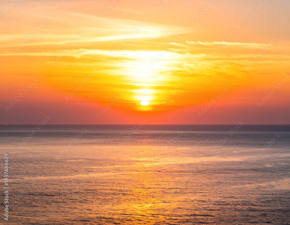 Fototapeta premium Vibrant Ocean Sunset with Golden Hues and Reflective Waters.