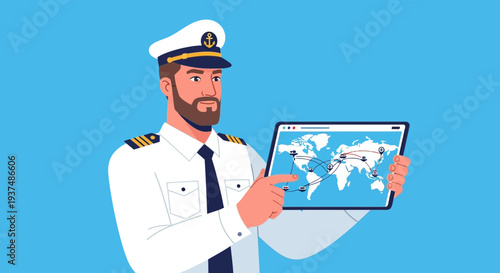 Naval Captain Displays Global Shipping Routes on Digital Tablet