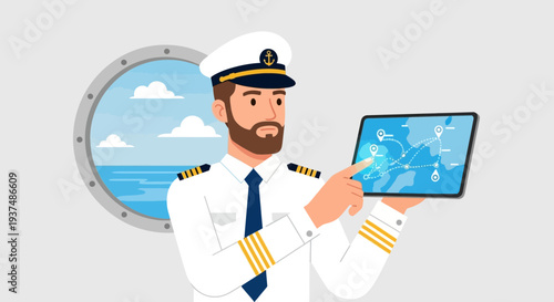 Navigational Ship Captain Utilizing Tablet with Route Map on Deck
