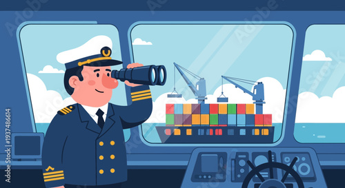 Captain using binoculars on ship bridge overlooking port with cargo cranes and container ship