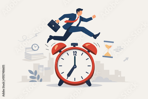 Businessman in suit jumping over a large red alarm clock, symbolizing effective time management, meeting work deadlines, productivity, punctuality, career success, and overcoming procrastination.