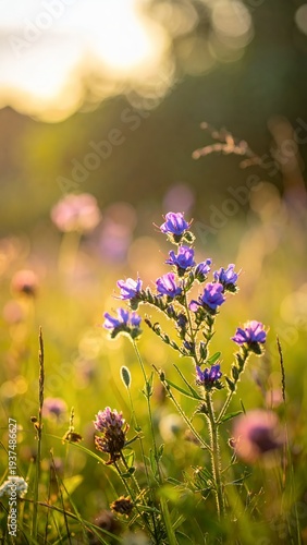 Wallpaper Mural Vibrant Purple Wildflowers Blooming in a Sun-Drenched Meadow at Golden Hour. Torontodigital.ca