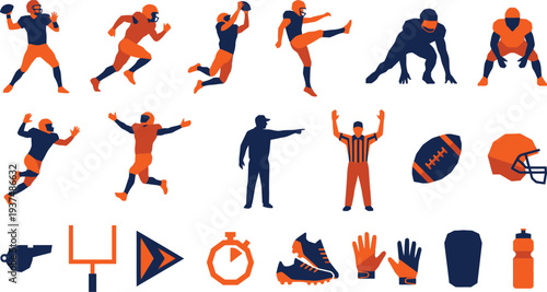 Collection of American football player actions referee coach equipment icons in blue and orange