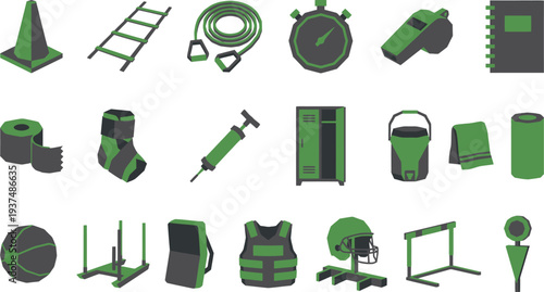 A comprehensive collection of isometric sports and fitness equipment icons for game development or health applications.