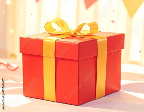 Wallpaper Mural Vibrant Red Gift Box with Golden Ribbon and Bow, Festive Celebration. Torontodigital.ca
