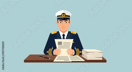 Serious Captain in Nautical Uniform Reviewing Documents at Desk with Stack of Papers