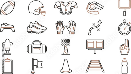 A versatile collection of american football themed line art icons for sports design and graphic projects.