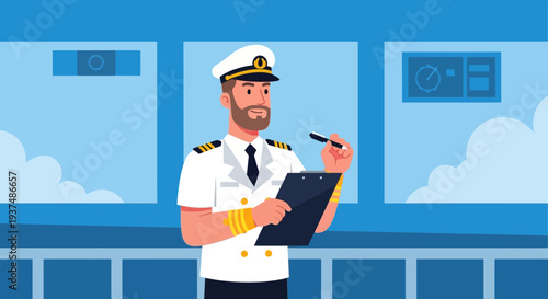 Ship captain in uniform holding a clipboard and pen on the bridge