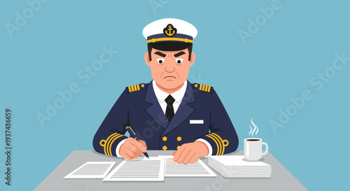 Stern captain in uniform writing at desk with coffee and paperwork