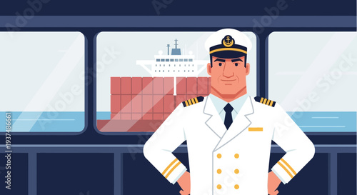 Confident ship captain in uniform on the bridge overseeing a cargo vessel at sea