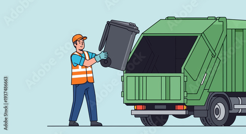 Sanitation worker loading a garbage bin into a green truck