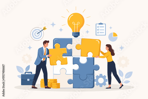 Business Teamwork and Collaboration Concept with Man and Woman Connecting Large Puzzle Pieces to Find a Creative Solution and Achieve Success with Lightbulb Idea and Strategic Planning Icons.