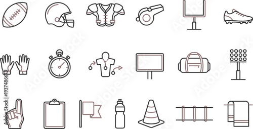 Collection of minimalist line icons representing essential gear and objects for american football training and games