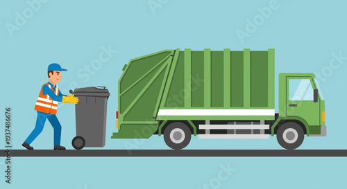 Green garbage truck collecting waste from a container on a flat city street