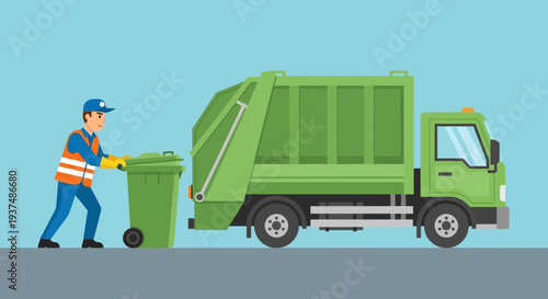 A bright green garbage truck collecting waste from a bin on a street