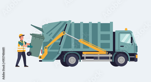 An animated garbage truck with a hydraulic arm collecting waste from a bin