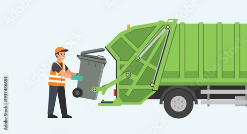 Garbage worker collecting trash bin with a green recycling truck