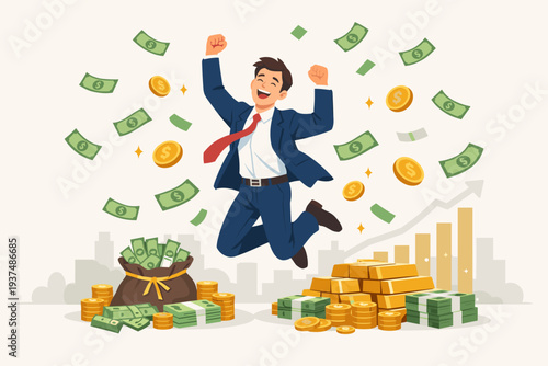 Happy successful businessman jumping for joy celebrating financial freedom and wealth with falling money, gold bars, coins, and cash bags, representing investment growth, profit, and prosperity.