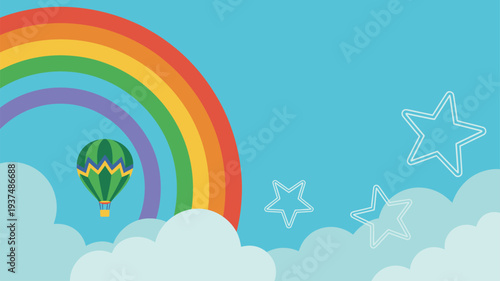 Rainbow hot air balloon clouds outline stars