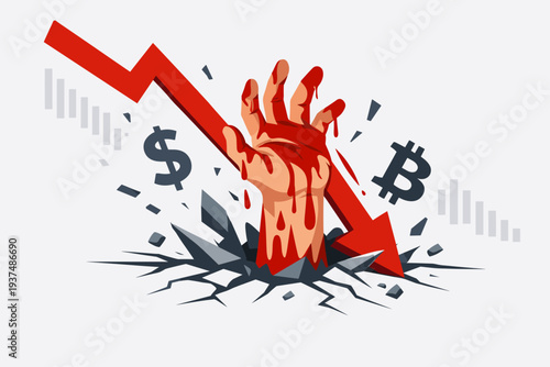 Stock Market Crash and Cryptocurrency Price Decline Illustration with a Bloody Hand Reaching Out from Cracked Ground, Red Downward Arrow, Bitcoin and Dollar Symbols Representing Financial Loss.