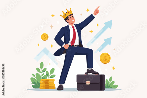 Successful Businessman Wearing a Gold Crown Pointing Upwards with Rising Arrows and Gold Coins, Symbolizing Business Achievement, Leadership, Financial Growth, and High Self-Esteem Vector