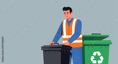Sanitation worker in reflective vest handling garbage bin for waste collection and recycling