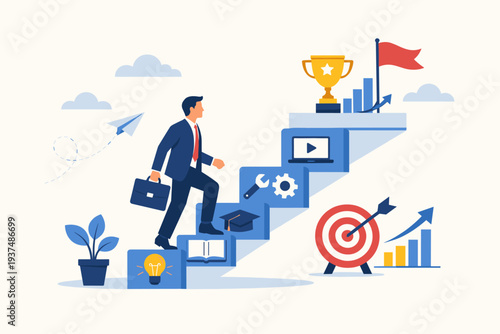 Businessman climbing stairs for career growth and success. Upskilling and reskilling concept with icons for learning, education, and skills. Professional development towards goals and achievement.