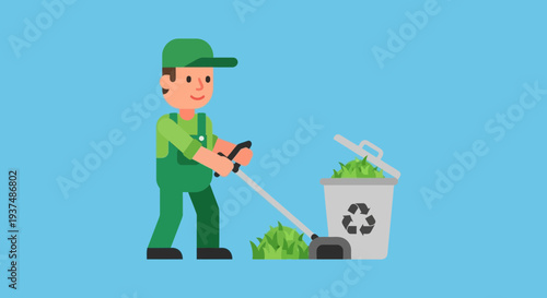 Gardener Mowing Lawn Collecting Grass Clippings in Recycling Bin