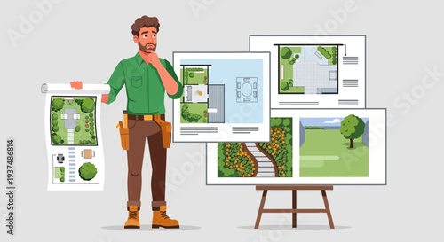 Thoughtful landscape architect reviewing outdoor design plans with multiple garden layouts and blueprints