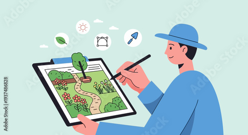 Person Designing a Garden Plan on a Digital Tablet Using a Stylus