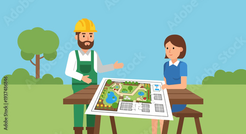 Landscape designer and client discuss outdoor garden plans on a blueprint table outdoors