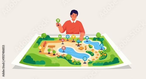 Man plans a vibrant park layout with interactive map elements and diverse icons, showcasing design and strategy