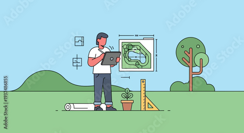 Landscape architect designing a garden plan on a digital tablet with outdoor elements