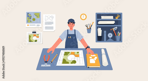 Gardener planning a landscape design at a desk with tools and blueprints