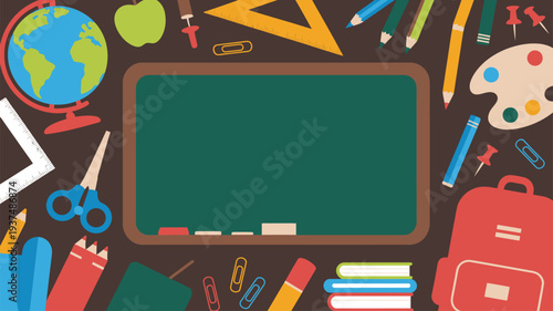 School classroom supplies chalkboard brown frame