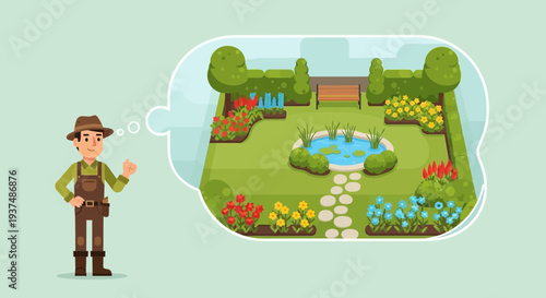 A beautiful, meticulously designed garden featuring a tranquil pond and vibrant flowerbeds