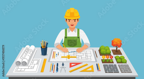 Architect at work, diligently drawing house plans and blueprints with drafting tools on a desk