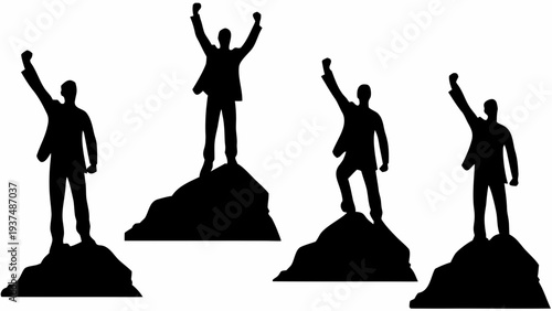 Four businessmen celebrating success on mountain peaks with raised arms