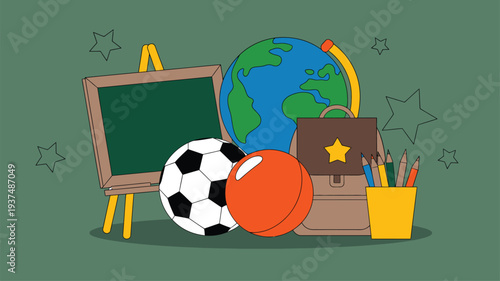 School supplies illustration chalkboard globe backpack