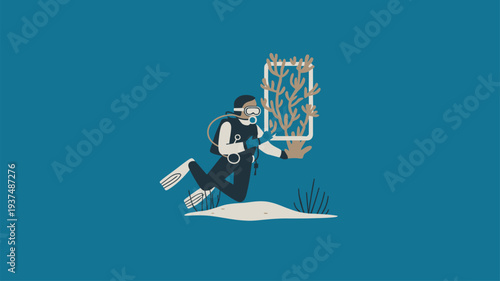 Scuba diver planting coral underwater conservation