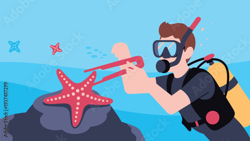 Scuba diver underwater starfish exploration