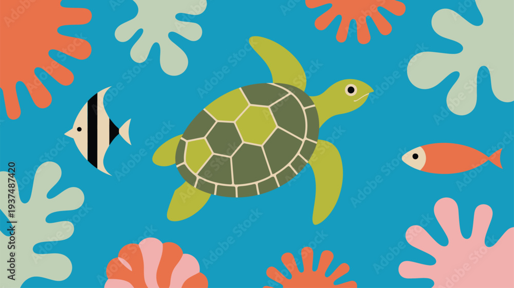 Fototapeta premium Sea Turtle Swimming Underwater Fish Coral