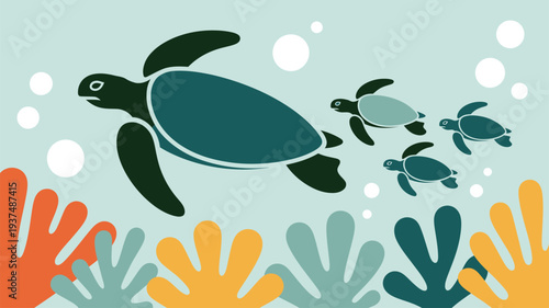 Sea turtles ocean swimming coral illustration
