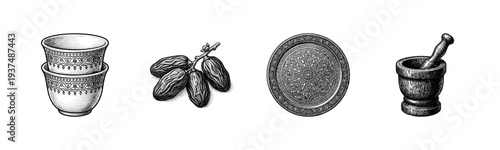 Traditional middle eastern kitchenware and food collection featuring vintage hand drawn engraving of finjan cups dates ornate plate and mortar with pestle