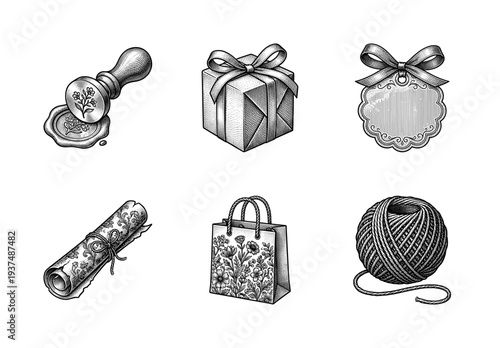 Vintage gift packaging and stationery set in hand drawn woodcut engraving style featuring wax seal gift box and paper bag
