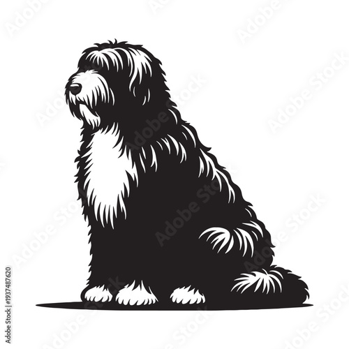 Adorable Old English Sheepdog with fluffy shaggy coat playing happily in green field, loyal intelligent family companion dog breed known for gentle nature, charming personality, and iconic bear.