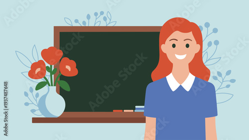 Smiling Woman Teacher Classroom Blackboard